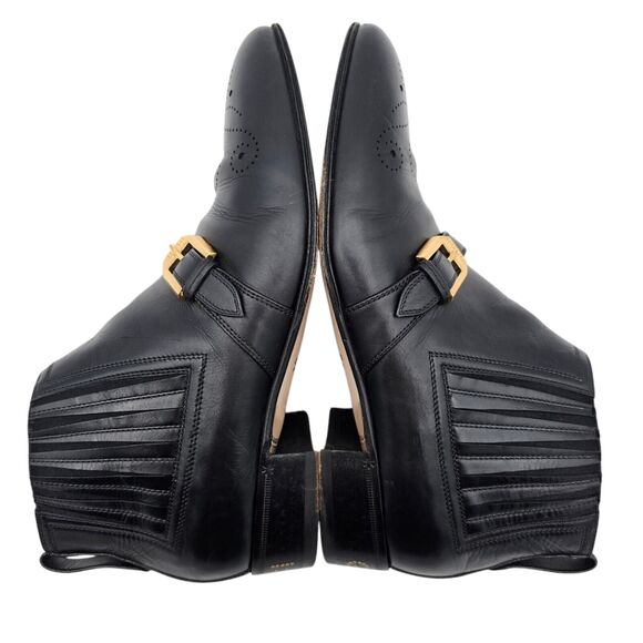 Gucci Worsh Black Leather Chelsea Ankle Boot Size 38.5 US 8.5 Gold Buckle Brogue - Picture 4 of 11